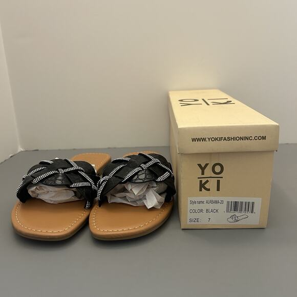 Yoki Alabama-20 Black Rhinestone Braided Slide Sandals Flats Women's 7 NEW - Picture 1 of 9